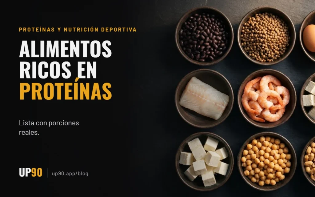 Variedad de alimentos ricos en proteína en cuencos: frijoles negros, lentejas, huevos, pescado, camarones y queso fresco